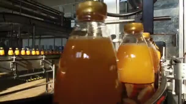 Botellas llenas de jugo se mueven a lo largo del transportador — Vídeos de Stock