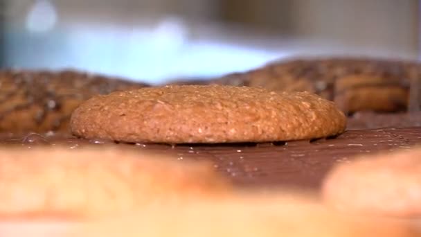 Oatmeal cookies covered with chocolate icing — Stock Video