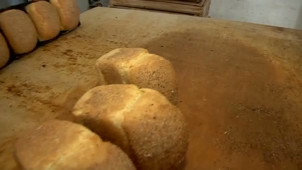 Pánské ruce šíří upečený chléb z formy — Stock video