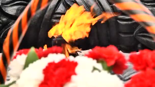 Pomnik II wojny światowej - wieczny płomień i kwiaty — Wideo stockowe