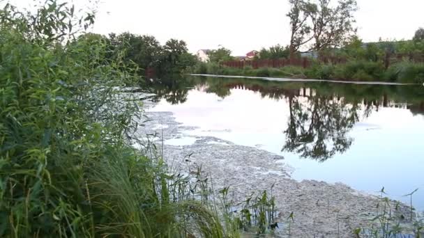 Panoramiczny widok na jezioro tuż przed zachodem słońca — Wideo stockowe