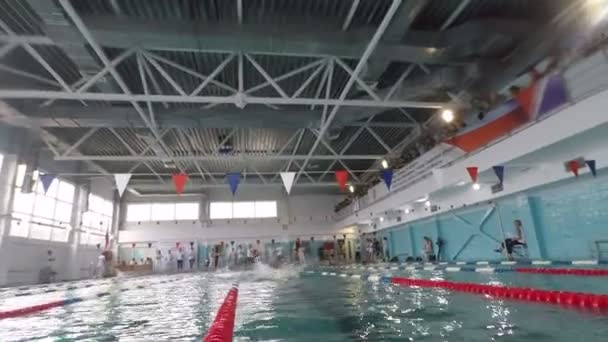 Competições de mergulho com barbatanas e máscara na piscina — Vídeo de Stock