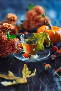 Bir fincan çay ve kabaklar ile sonbahar natürmort. Sonbahar ruh hali. 