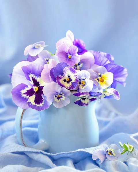 Foto Von Einem Schönen Stiefmütterchen Blumen Nahaufnahme Auf Blauem Hintergrund — Stockfoto