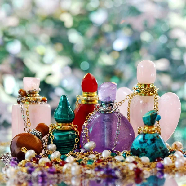 Essential Oil Bottle Made Semi Precious Stones Perfume Bottle Floral — Stock Photo, Image