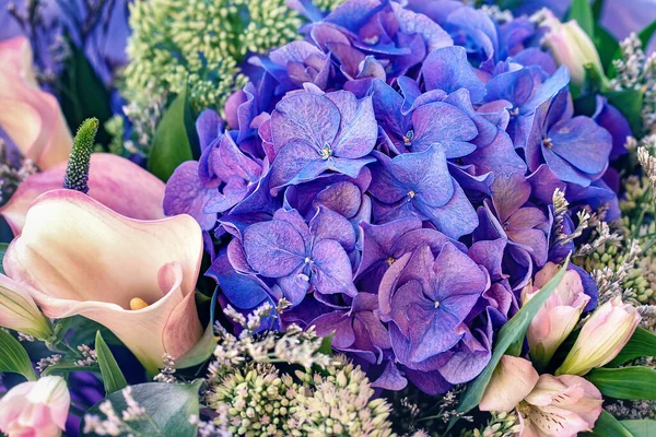 Piękny Bukiet Wiosennych Kwiatów Fioletowy Hortensja — Zdjęcie stockowe