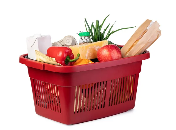 白で隔離食料品とプラスチック ショッピング バスケット — ストック写真