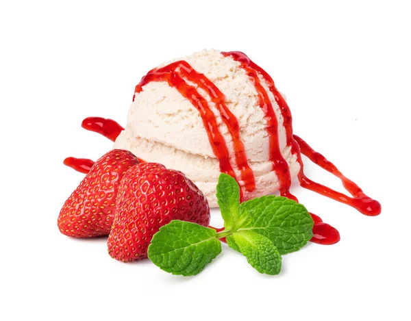 香草冰淇淋勺子配草莓酱 — 图库照片
