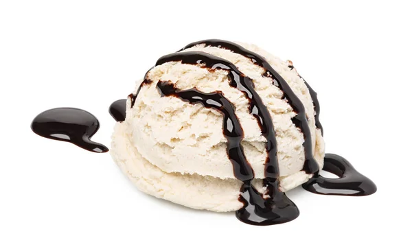 Vanilla ice cream scoop with chocolate sauce — Stock Photo, Image