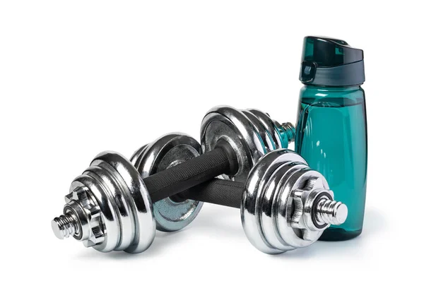 Dumbbells y deportes botella — Foto de Stock