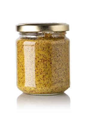 Beyaz arkaplanda izole edilmiş hardal kavanozu