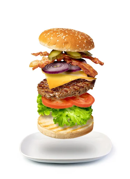 Flying Burger Isolated White Background — Stock Photo, Image