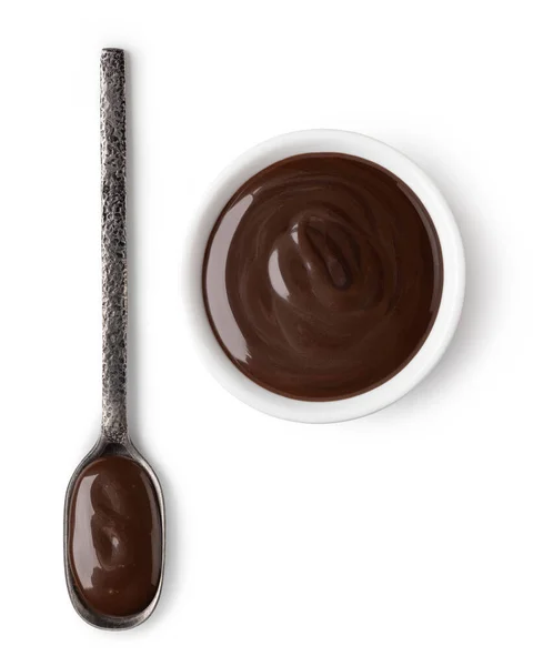 Kom Lepel Met Chocolade Verspreid Witte Achtergrond Geïsoleerd — Stockfoto