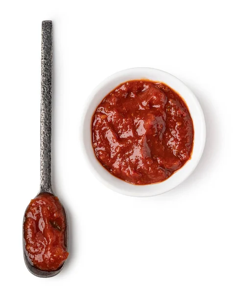 Schaal Lepel Met Bolognese Saus Geïsoleerd Witte Achtergrond — Stockfoto