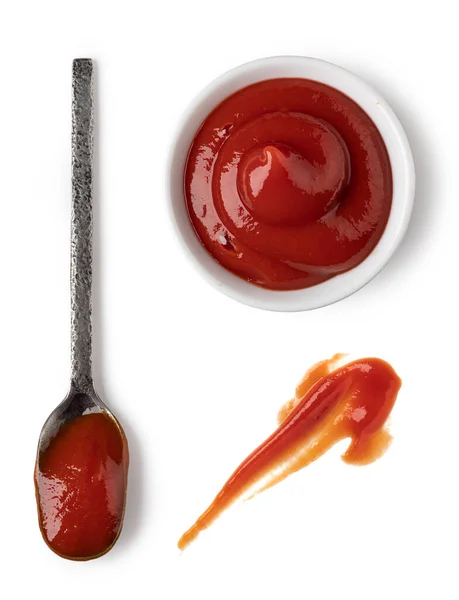 Ciotola Cucchiaio Con Salsa Ketchup Isolato Sfondo Bianco — Foto Stock