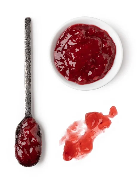 Kleine Glasschüssel Und Löffel Rote Beerenmarmelade Isoliert Auf Weißem Hintergrund — Stockfoto