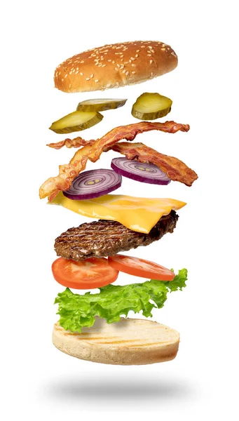 Latający Burger Izolowany Białym Tle — Zdjęcie stockowe