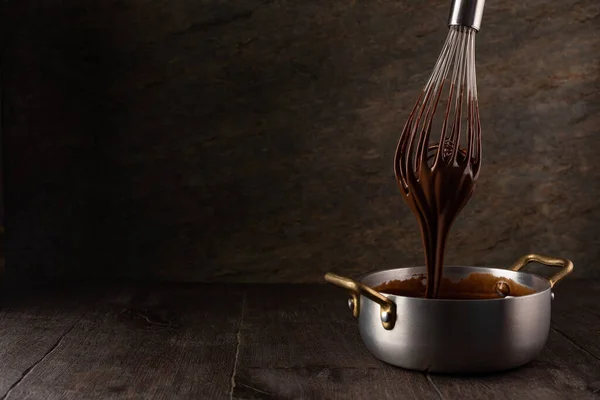 Liquid Chocolate Cream Pouring Whisk Ladle Dark Background — Stock Photo, Image