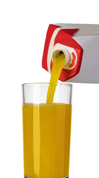 Pouring Orange Juice Bottle Glass Isolated White — Stock Photo, Image