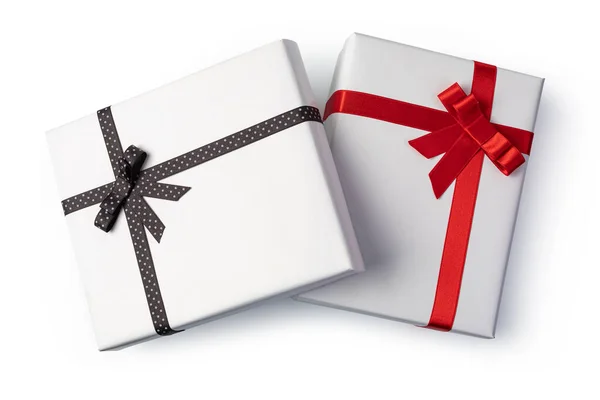 Scatole Carta Regalo Bianche Con Fiocco Nastro Isolate Bianco — Foto Stock