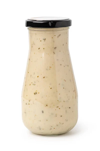 Closed Glass Jar White Garlic Herb Sauce Isolated White Background — Stock Photo, Image