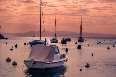 Etrafında kaç tekne ve birçok şamandıra ile küçük bir liman manzaralı. Yaz aylarında Zurkovo, Rijeka, Hırvatistan.