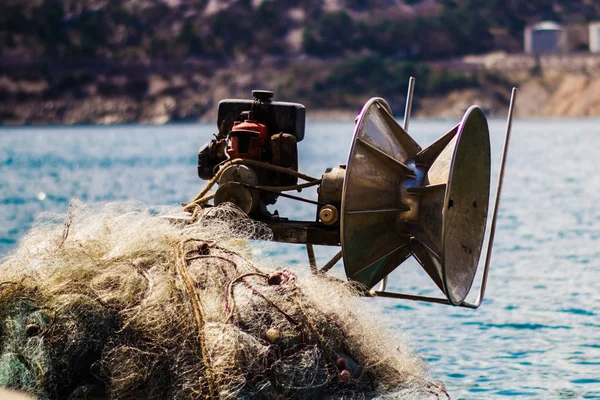 Vue Rapprochée Filet Pêche Treuil Pêche Sur Petit Bateau Pêche — Photo