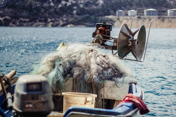 Vue Rapprochée Filet Pêche Treuil Pêche Sur Petit Bateau Pêche — Photo