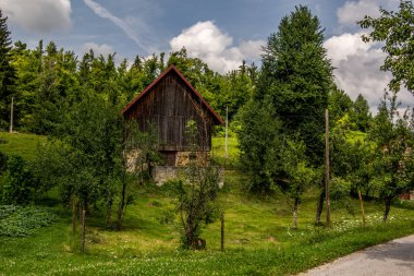 Ahşap kulübe souranded yeşil çayır ve yeşil ağaçları ile manzara görünümü. Orman içinde belgili tanımlık geçmiş. Gorski kotar, Hırvat dağlarda yaz.
