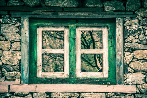 Dağ Bölgesinde Geleneksel Taş Üzerinde Bir Ahşap Penceresinin Kapat Sagarmatha — Stok fotoğraf