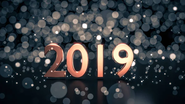 Altın sayısı 2019 soğuk mavi bokeh arka plan ile yansıtıcı siyah zemin üzerine kapatın. Mutlu yeni yıl 2019, neşeli Noel kartı. 3D render.