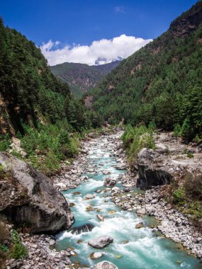 Manzara manzara nehir Dudh Koshi. Yükseklik açısından en yüksek nehirdir. Sagarmatha (Everest) Milli Parkı, Nepal.
