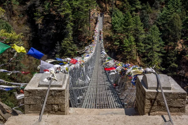 Paisaje Vista Entrada Puente Colgante Alpinista Está Cruzando Puente Sagarmatha —  Fotos de Stock