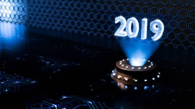 Yakın, fütüristik teknik ortamıyla hologram numarasının 2019. Yeni yıl için geri sayım için teknik kavram. Mutlu yeni yıl, 2019. 3D render.