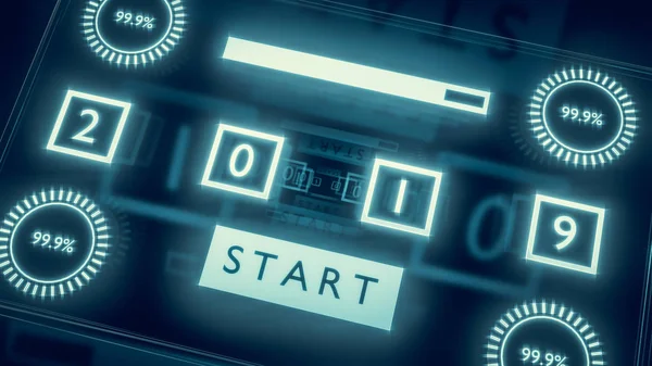 İlerleme çubuğu ve numarası 2019 futuristik cam ekran yukarı yakın. Yeni yıl için geri sayım için teknik kavram. Mutlu yeni yıl, 2019. 3D render.