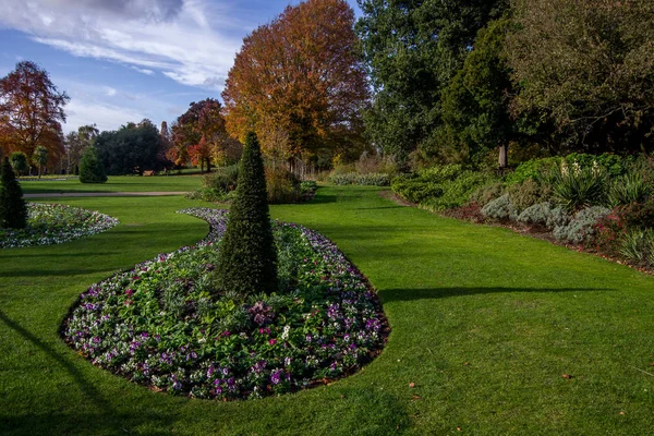 Ağaçlar Çiçekler Çayır Hyde Park Manzaralı London Büyük Britanya — Stok fotoğraf