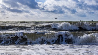 Plaj ve büyük dalgalar ile deniz manzaralı. Fırtınalı mavi gökyüzü. Brighton, Amerika Birleşik Devletleri.