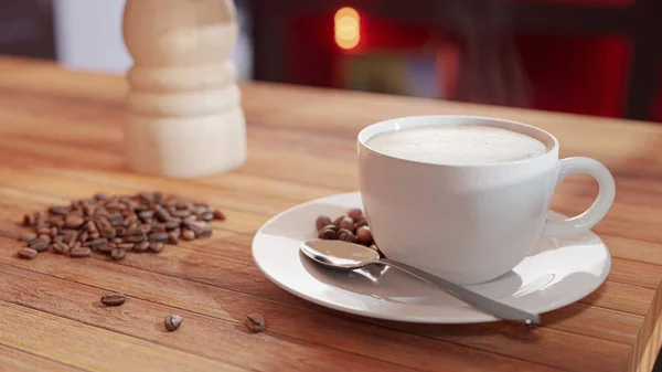 Uma Xícara Branca Com Cappuccino Mesa Cercada Com Grãos Café — Fotografia de Stock