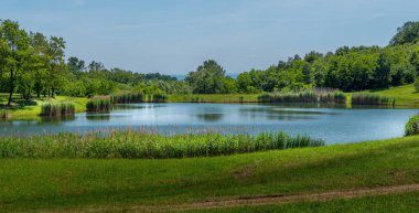 Ljeskove Vode Gölü 'nün Panoraması. Arka planda yeşil orman ve mavi gökyüzü. Hırvatistan 'ın Slavonski Brod kenti yakınlarındaki piknik alanı.