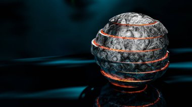 Siyah süslemeli yatay dilimlenmiş bir topun fantezi sahnesi. Topun içindeki turuncu ısıtma ışığı. Soyut arkaplan. 3B görüntüleme.