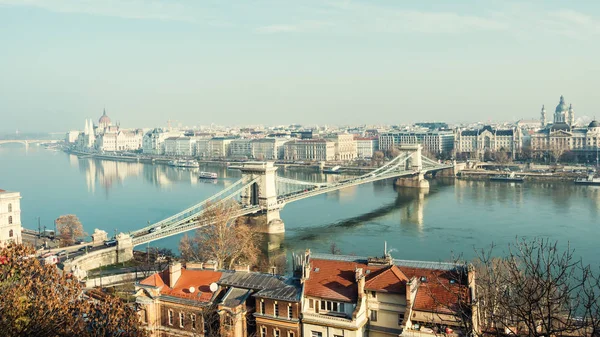 Budapest Magyarország December 2017 Széchenyi Lánchíd Egy Függőhíd Amely Buda — Stock Fotó