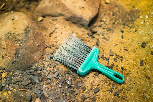 Close Shot Small Dirty Broom Clearing Stones — Stock Photo, Image