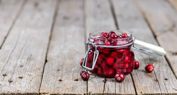Some fresh Cranberries (preserved) (selective focus; close-up sh — Stock Photo, Image