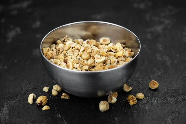 Chopped Hazelnuts Rustic Background Close Shot Selective Focus — Stock Photo, Image