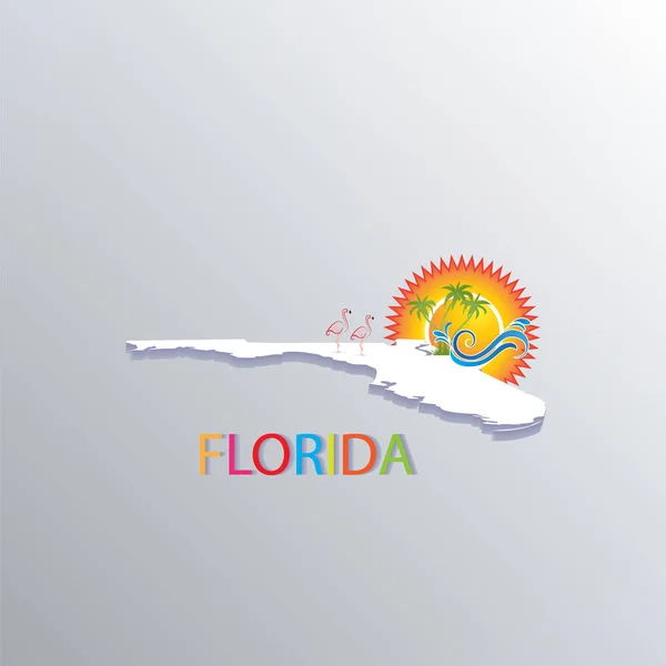 Florida Kaart Met Zon Bomen Golven Tropische Stranden Logo Vector — Stockvector