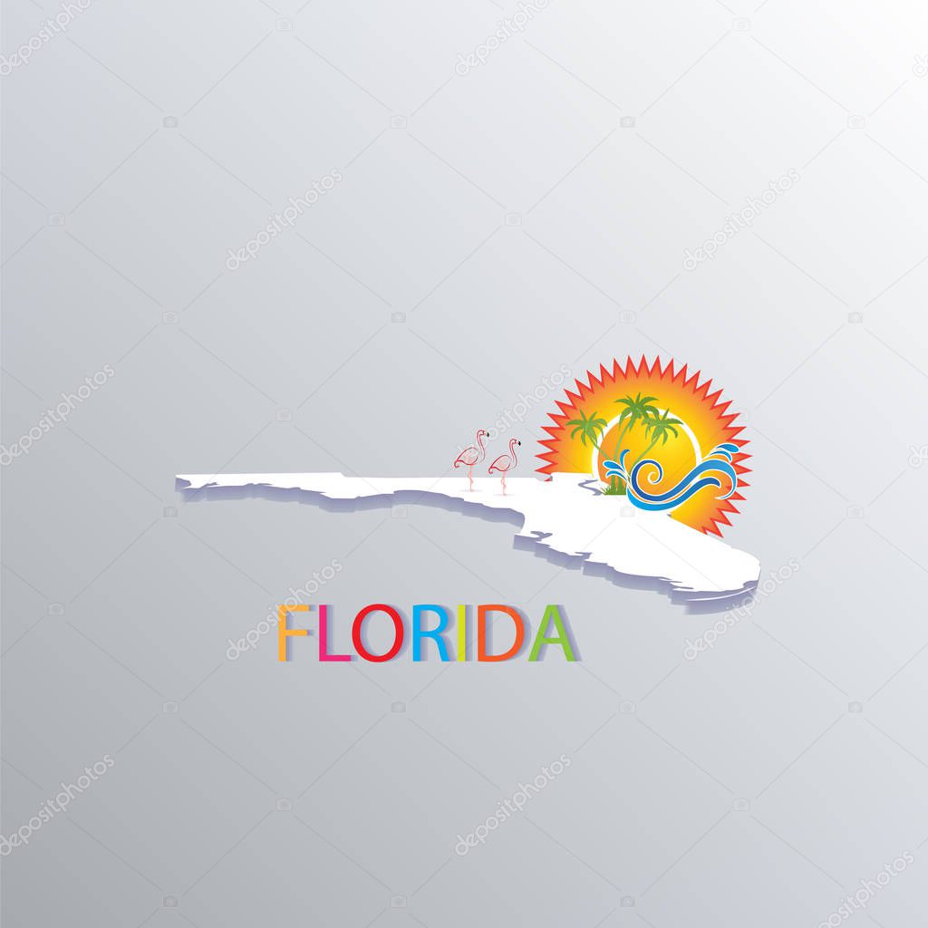 Florida map with sun, trees and waves tropical beaches icon logo vector image