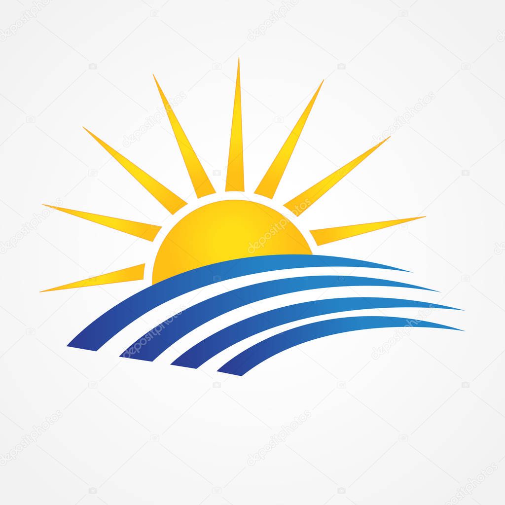 Logo sun with beach swooshes line art blue ocean water id business brand icon vector