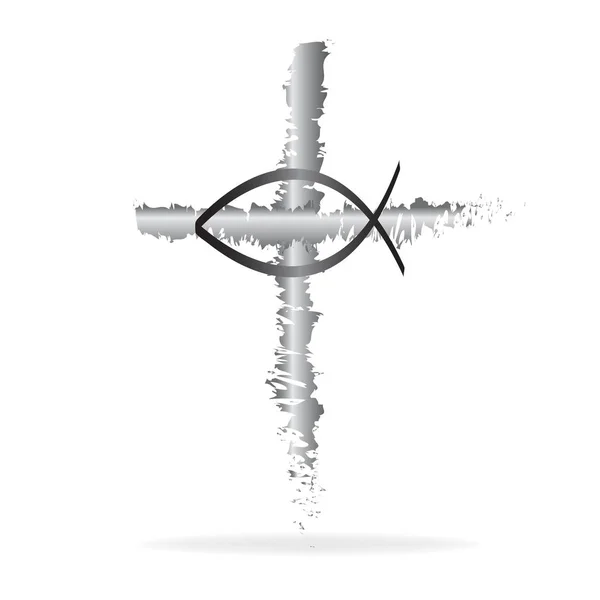 Christian Croix Grunge Style Poisson Religion Symbole — Image vectorielle