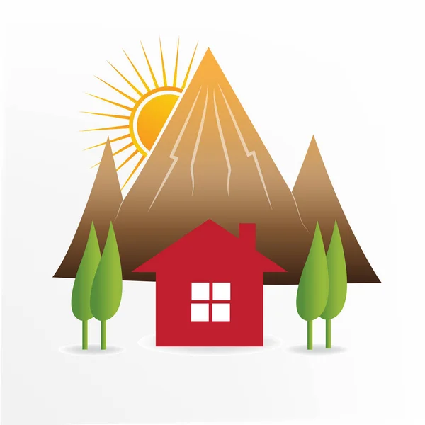 标志房子 太阳和山脉矢量图标模板 — 图库矢量图片