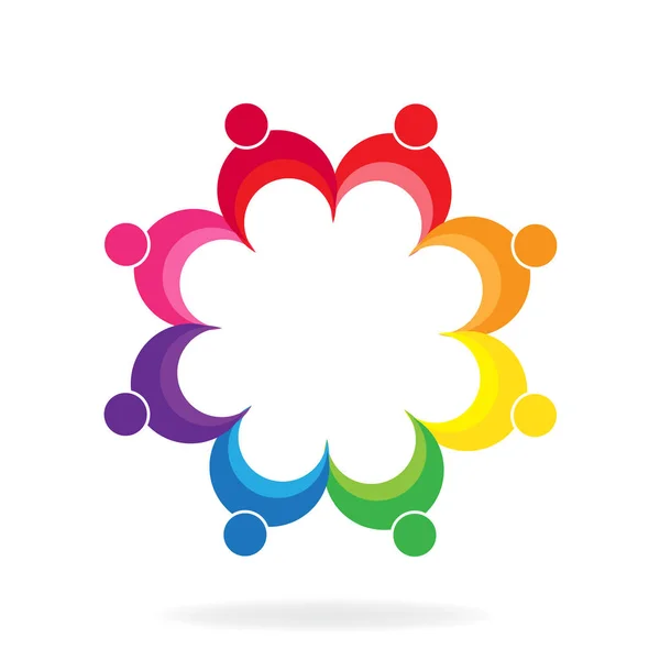 カラフルなベクトルのロゴの設計の手を繋いでいるロゴ チームワーク結束人 — ストックベクタ